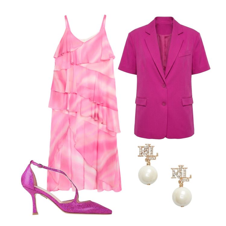 Outfit donna - Agosto. Stile Chic per Cerimonia. Abbinamento con décolleté, blazer, vestiti lunghi, orecchini.