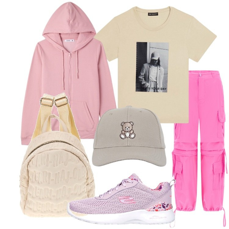 Outfit donna - Alpine Altitude. Stile Casual per Tutti i giorni. Abbinamento con cappelli con visiera, felpe con cappuccio, pantaloni cargo, t-shirt, scarpe sportive, zaini.