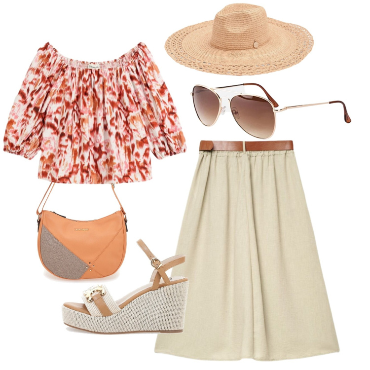Outfit donna - Corallo e sabbia. Stile Boho per Serata fuori. Abbinamento con occhiali da sole, bluse, gonne lunghe, cappelli, borse a tracolla, zeppe.