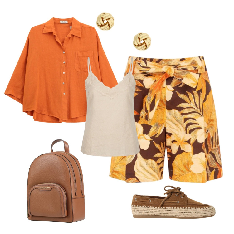 Outfit donna - Curvy arancio. Stile Casual chic per Tutti i giorni. Abbinamento con zaini, scarpe stringate, camicie, pantaloni corti, top, orecchini.