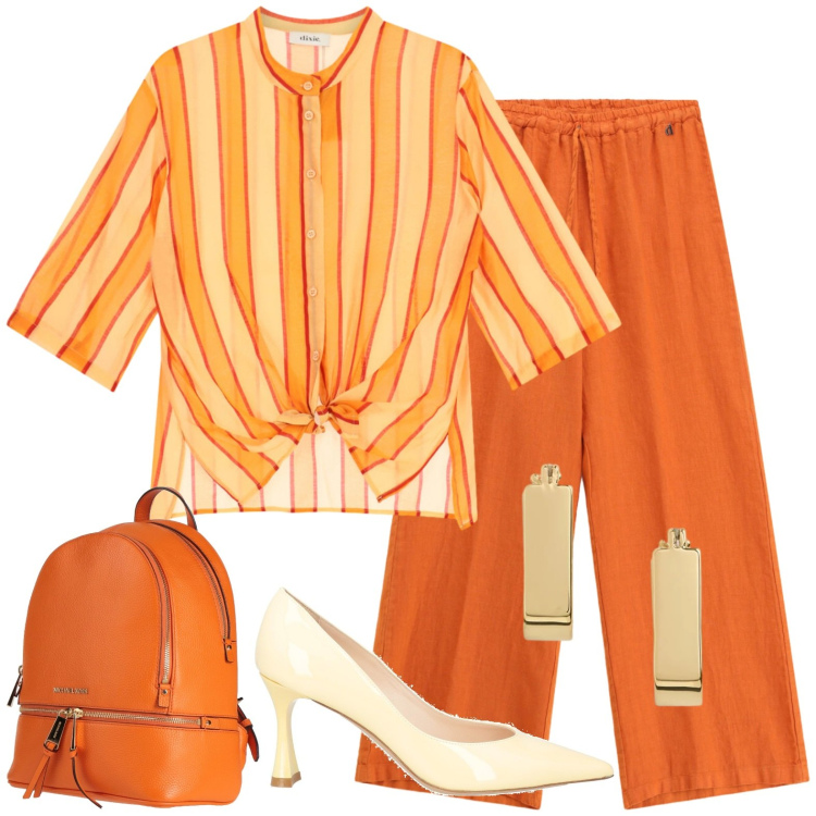 Outfit donna - Casual. Stile Casual per Tutti i giorni. Abbinamento con zaini, décolleté, camicie, pantaloni, orecchini.