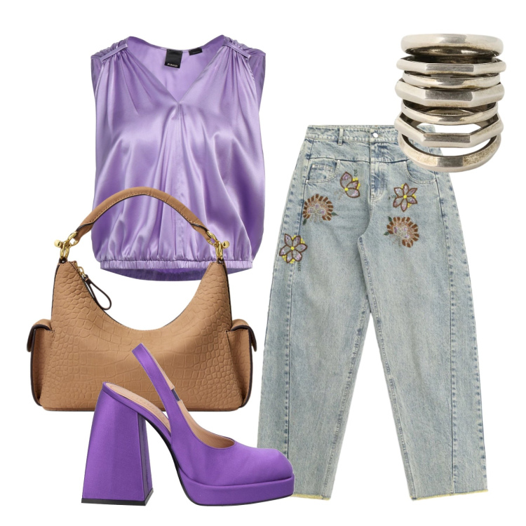 Outfit donna - Agosto. Stile Trendy per Tutti i giorni. Abbinamento con top, décolleté, jeans, anelli, borse a spalla.