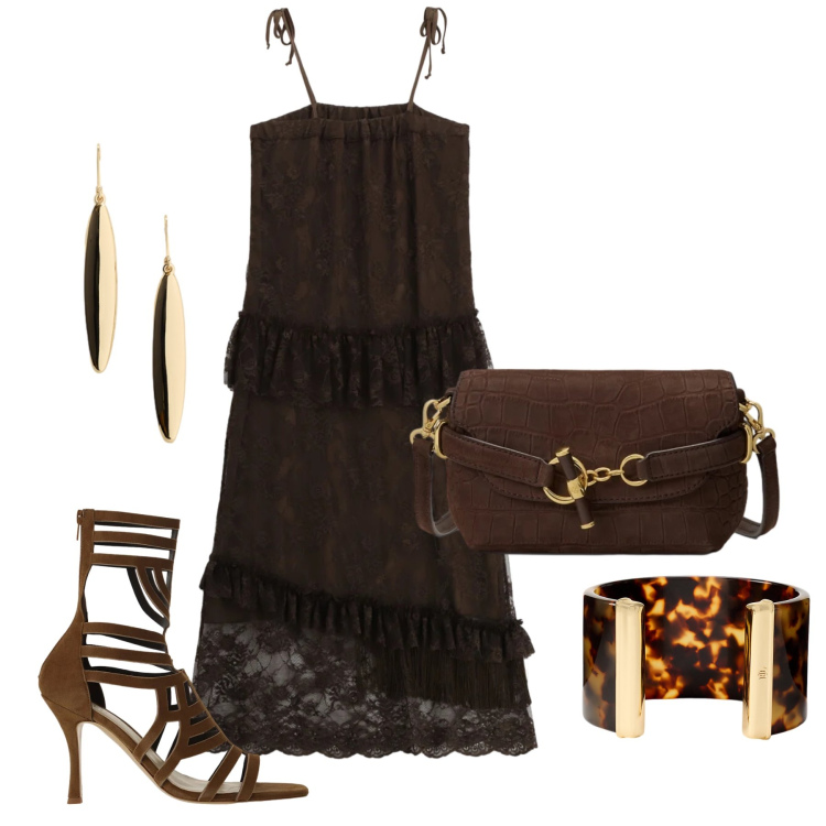 Outfit donna - Agosto. Stile Glamour per Serata fuori. Abbinamento con sandali col tacco, vestiti lunghi, orecchini, borse a spalla, braccialetti.