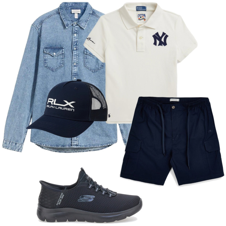 Outfit uomo - Total look #2445665. Stile Trendy per Tutti i giorni. Abbinamento con camicie, cappelli con visiera, polo, shorts, scarpe sportive.
