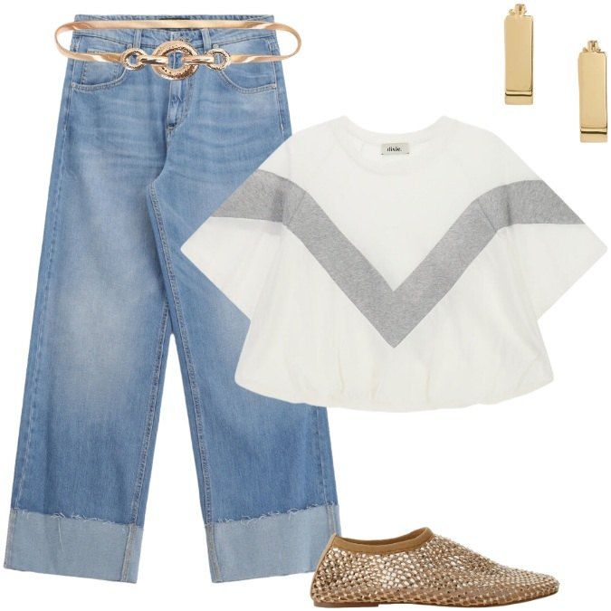 Outfit donna - Total look #2445666. Stile Sporty chic per Tutti i giorni. Abbinamento con cinture, jeans, ballerine, t-shirt, orecchini.