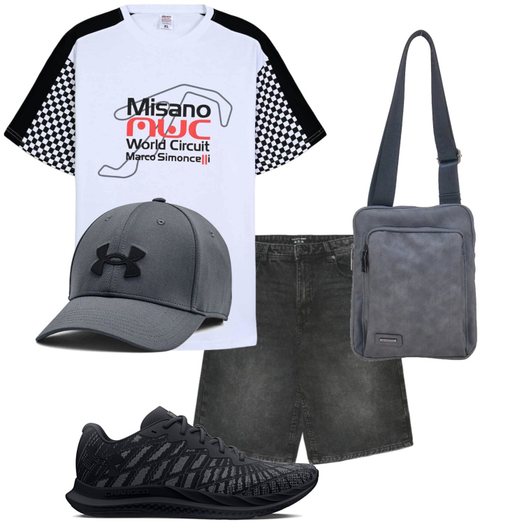 Outfit uomo - Gran premio. Stile Biker Rock per Tutti i giorni. Abbinamento con t-shirt sportive, shorts, cappelli, portafogli, scarpe sportive.