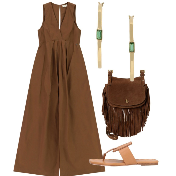Outfit donna - Total brown. Stile Chic per Tutti i giorni. Abbinamento con ciabatte, tute, borse a tracolla, orecchini.