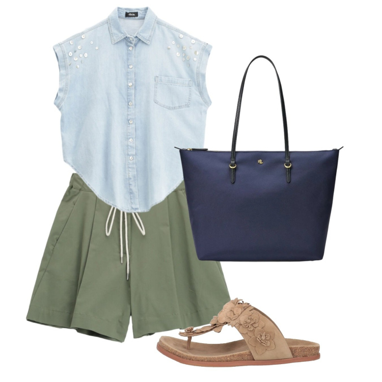 Outfit donna - Agosto in libertà. Stile Casual per Tutti i giorni. Abbinamento con infradito, camicie, shorts, borse tote.