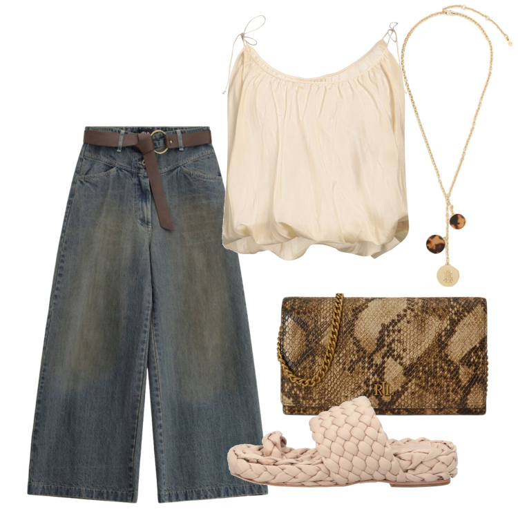 Outfit donna - Agosto con classe. Stile Casual chic per Tutti i giorni. Abbinamento con ciabatte, top, jeans, borse a tracolla, collane.