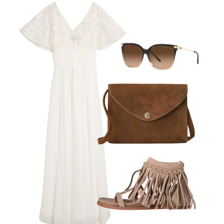 Outfit donna - Agosto boho. Stile Boho per Tutti i giorni. Abbinamento con infradito, vestiti, occhiali da sole, borse a tracolla.