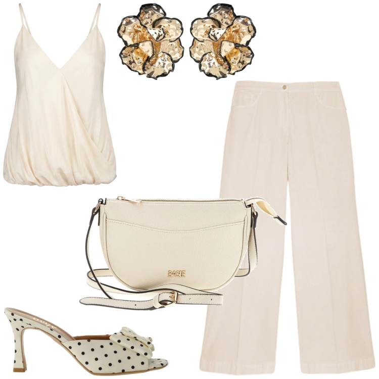 Outfit donna - Total look #2445690. Stile Bon Ton per Cerimonia. Abbinamento con sandali col tacco, orecchini, top, pantaloni a palazzo, borse a tracolla.