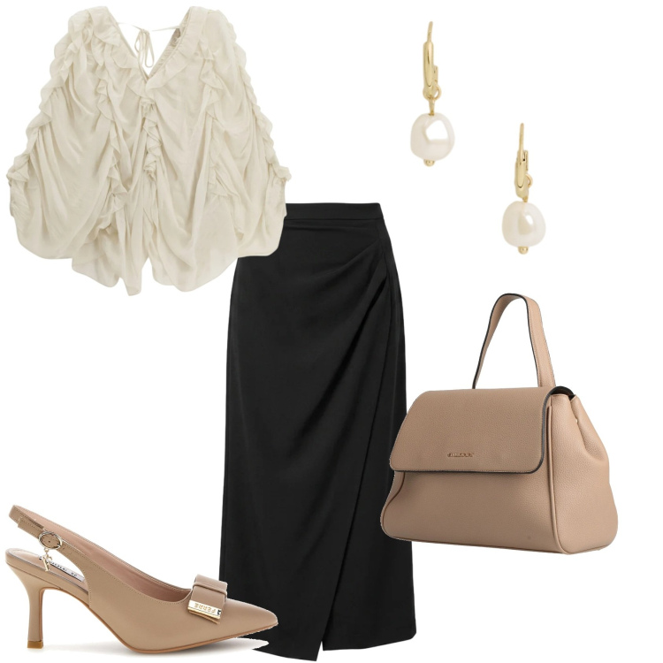 Outfit donna - Serata fuori. Stile Casual chic per Serata fuori. Abbinamento con zaini, bluse, gonne lunghe, orecchini, décolleté.
