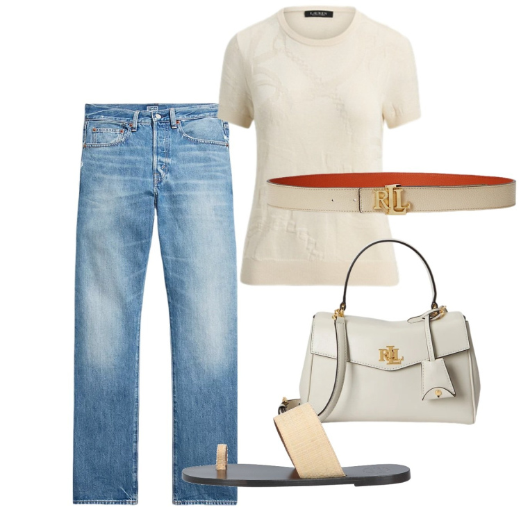 Outfit donna - Look pulito ed elegante. Stile Minimal per Tutti i giorni. Abbinamento con ciabatte, jeans dritti, t-shirt, cinture, borse a mano.