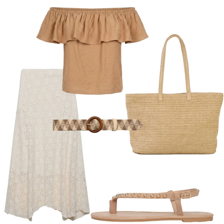 Outfit donna - Boho. Stile Boho per Tutti i giorni. Abbinamento con shopping bag, gonne lunghe, cinture, ciabatte, top.