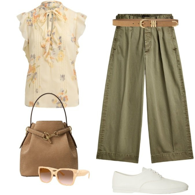 Outfit donna - Ufficio/aperitivo/un giro in città?. Stile Casual chic per Tutti i giorni. Abbinamento con pantaloni, occhiali da sole, camicie a manica corta, sneakers, borse a secchiello, cinture.