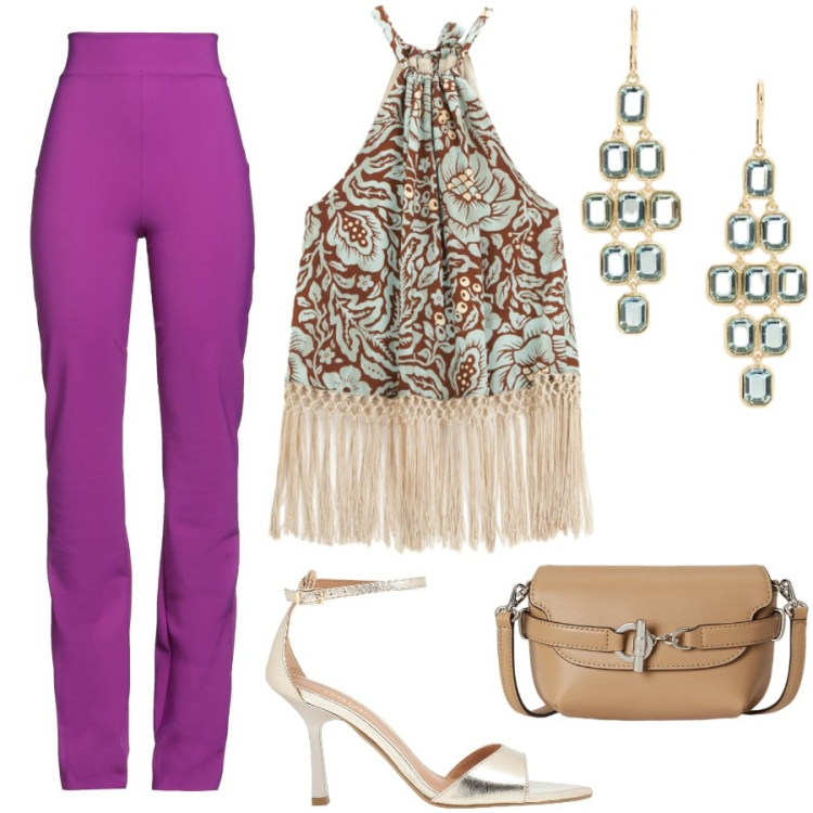 Outfit donna - Contrasti chic da sera. Stile Chic per Serata fuori. Abbinamento con sandali in pelle, leggings, top, borse a tracolla, orecchini.