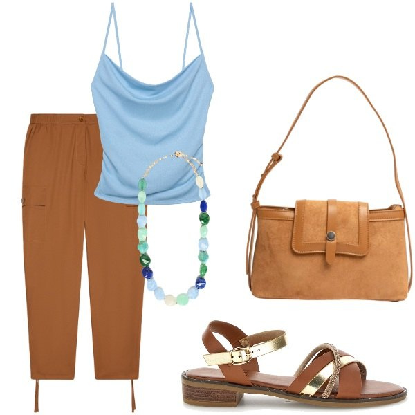 Outfit donna - Estate. Stile Casual per Tutti i giorni. Abbinamento con canottiere, borse a tracolla, collane, pantaloni cargo, sandali.