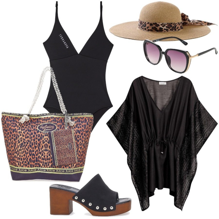 Outfit donna - Tipe da spiaggia. Stile Etnico per Mare. Abbinamento con vestiti da spiaggia, occhiali da sole, cappelli, costumi interi, shopping bag, zoccoli.