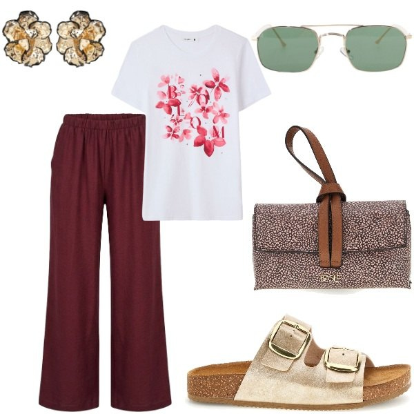 Outfit donna - Estate. Stile Casual chic per Tutti i giorni. Abbinamento con t-shirt, occhiali da sole, orecchini, pantaloni a palazzo, ciabatte, borse a tracolla.