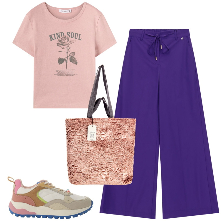Outfit donna - Total look #2445721. Stile Sporty chic per Tutti i giorni. Abbinamento con t-shirt, borse tote, sneakers, pantaloni a palazzo.