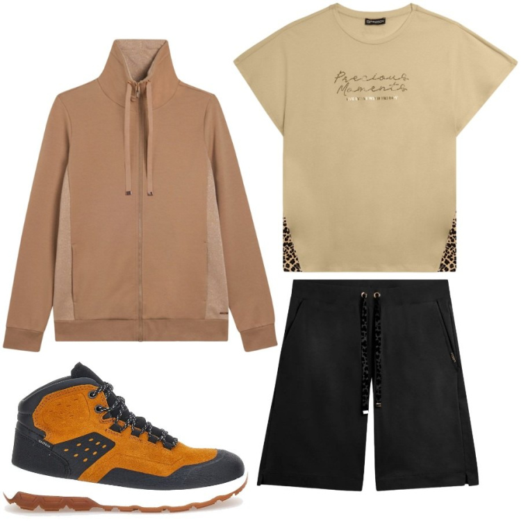 Outfit donna - Vacanza in montagna. Stile Sporty chic per Tutti i giorni. Abbinamento con bermuda, t-shirt, felpe, scarpe sportive.