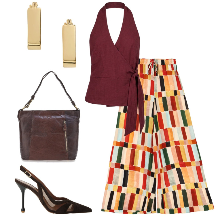 Outfit donna - Total look #2445724. Stile Chic per Serata fuori. Abbinamento con pantaloni a palazzo, décolleté, top, orecchini, borse a spalla.