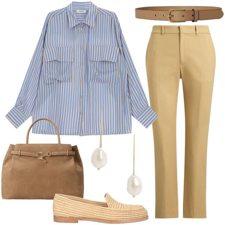 Outfit donna - In ufficio. Stile Mannish per Ufficio. Abbinamento con mocassini, camicie, borse a mano, orecchini, pantaloni, cinture.