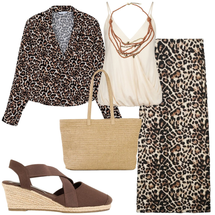 Outfit donna - Animalier. Stile Casual chic per Tutti i giorni. Abbinamento con shopping bag, zeppe, gonne lunghe, camicie, collane, top.