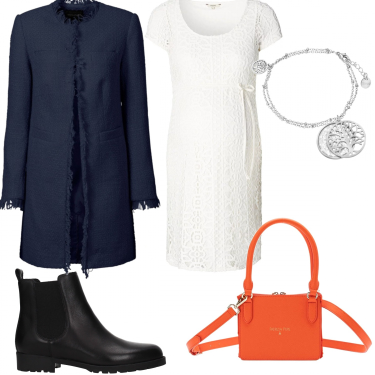 Outfit donna - Urban #2314. Stile Urban per Ufficio. Abbinamento con blazer, stivaletti nero, vestito premaman con pizzo girocollo bianco, shopping bag con taschini e stampa con zip in pelle sintetica con tracolla regolabile arancione e oro, bracciale.