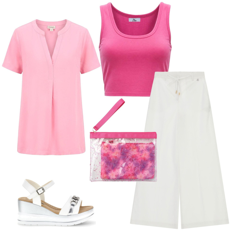Outfit donna - Total look #2445730. Stile Casual per Tutti i giorni. Abbinamento con tuniche, pochette, canottiere, pantaloni a palazzo, zeppe.