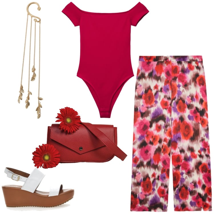Outfit donna - Total look #2445734. Stile Casual chic per Tutti i giorni. Abbinamento con top, borse a tracolla, orecchini, pantaloni a palazzo, sandali col tacco.