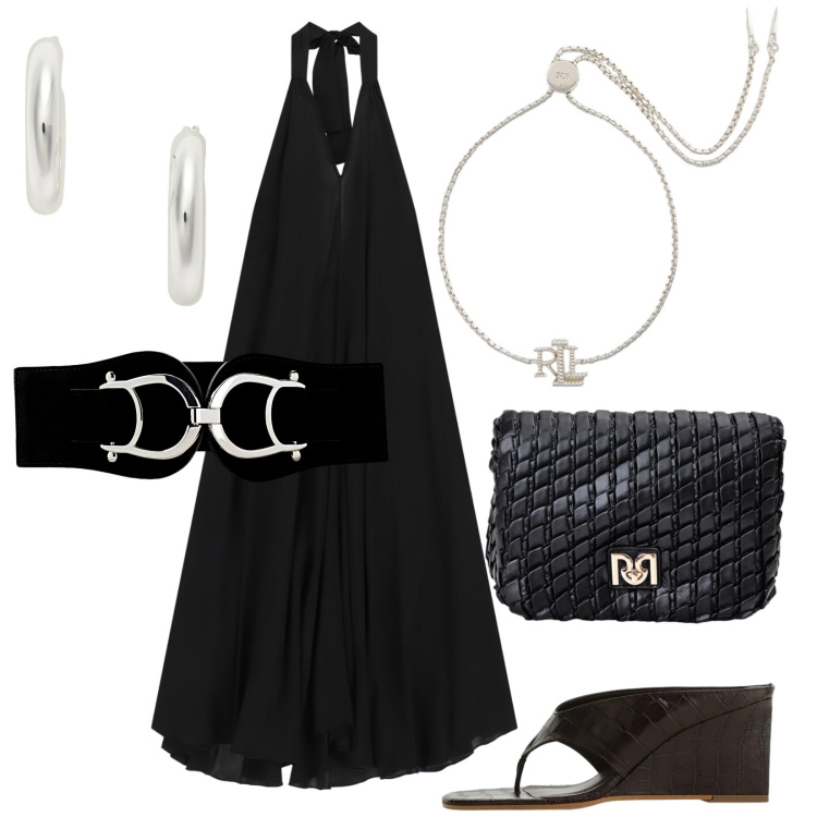 Outfit donna - Black. Stile Chic per Serata fuori. Abbinamento con cinture, borse a tracolla, vestiti lunghi, sandali, orecchini, braccialetti.