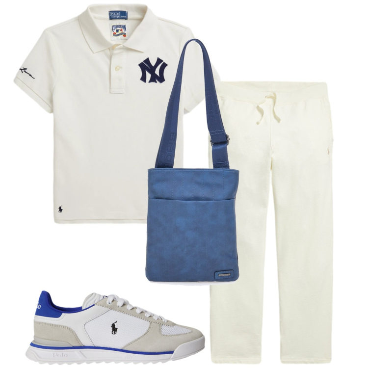 Outfit uomo - Agosto Bianco e blu. Stile Casual per Tutti i giorni. Abbinamento con pantaloni, sneakers, polo, portafogli.