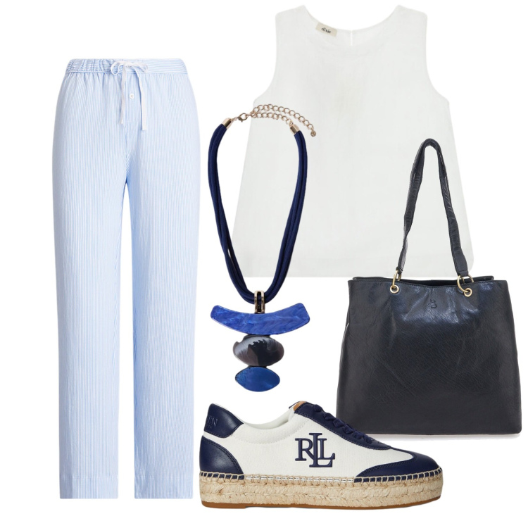 Outfit donna - Total look #2445745. Stile Casual per Tutti i giorni. Abbinamento con top, ciondoli, pantaloni, sneakers, shopping bag.