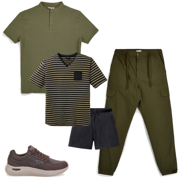 Outfit uomo - Total look #2445747. Stile Casual per Tutti i giorni. Abbinamento con abbigliamento da notte, t-shirt, pantaloni cargo, sneakers.