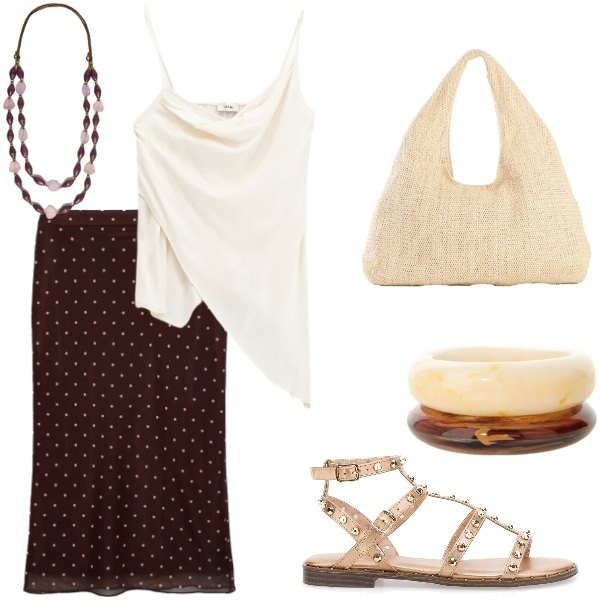 Outfit donna - Serata tra amici. Stile Casual chic per Serata fuori. Abbinamento con shopping bag, gonne lunghe, top, braccialetti, collane, sandali.