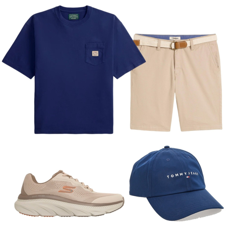 Outfit uomo - Agosto in città. Stile Casual per Tutti i giorni. Abbinamento con bermuda, t-shirt, cappelli con visiera, sneakers.