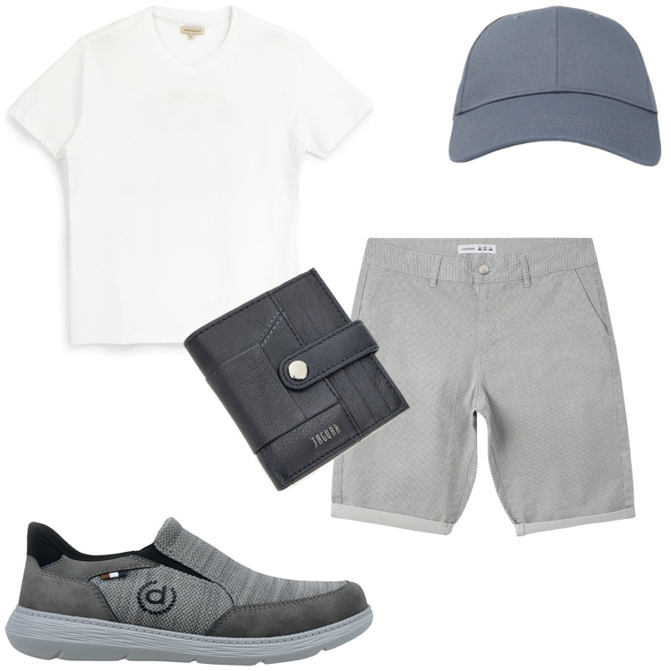 Outfit uomo - Total look #2445758. Stile Casual per Tutti i giorni. Abbinamento con pantaloni corti, cappelli con visiera, portafogli, scarpe stringate, t-shirt.