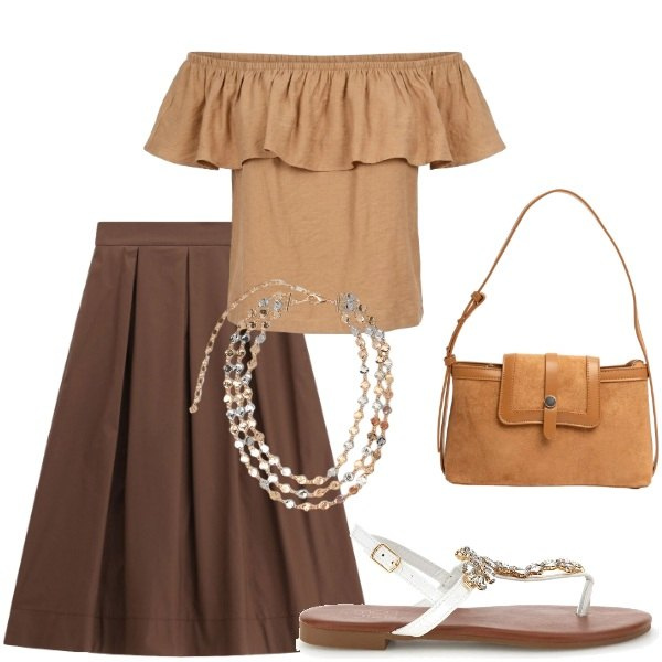 Outfit donna - Serata tra amici. Stile Casual chic per Serata fuori. Abbinamento con gonne longuette, top, borse a tracolla, collane, sandali gioiello.