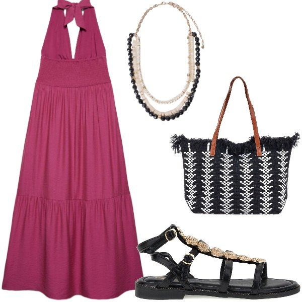 Outfit donna - E siamo in Agosto....... Stile Casual chic per Serata fuori. Abbinamento con vestiti lunghi, collane, borse tote, sandali.