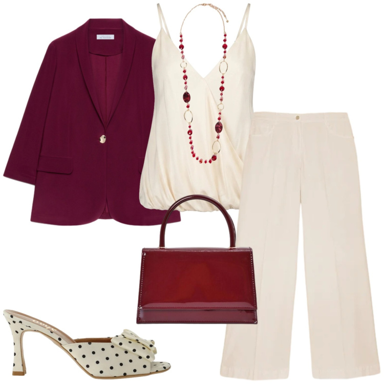 Outfit donna - Total look #2445766. Stile Bon Ton per Cerimonia. Abbinamento con sandali col tacco, borse a mano, top, collane, blazer, pantaloni a palazzo.