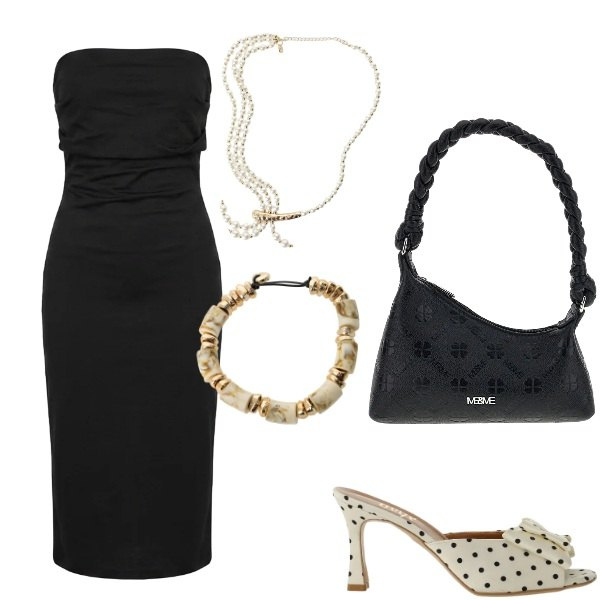 Outfit donna - A cena fuori. Stile Casual chic per Serata fuori. Abbinamento con collane, braccialetti, sandali col tacco, vestiti midi/longuette, borse a spalla.