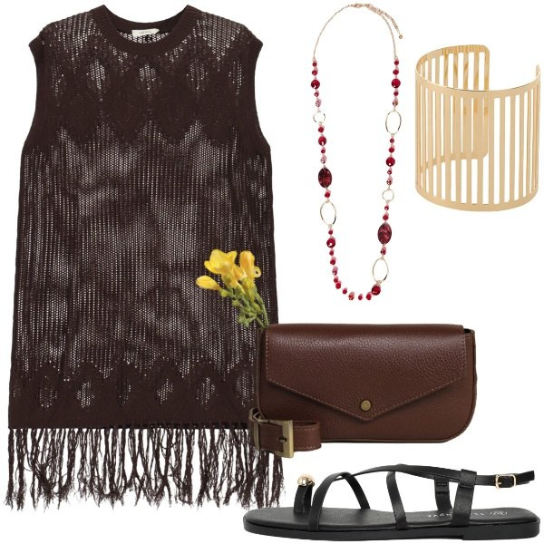 Outfit donna - A cena fuori. Stile Glamour per Serata fuori. Abbinamento con sandali, braccialetti, borse a tracolla, vestiti corti, collane.