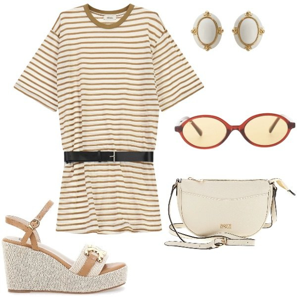 Outfit donna - E siamo in Agosto....... Stile Casual per Tutti i giorni. Abbinamento con orecchini, occhiali da sole, vestiti corti, zeppe, borse a tracolla.