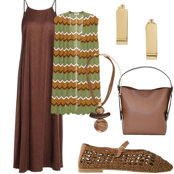 Outfit donna - A cena fuori. Stile Glamour per Serata fuori. Abbinamento con vestiti lunghi, gilet, ballerine, borse a mano, ciondoli, orecchini.