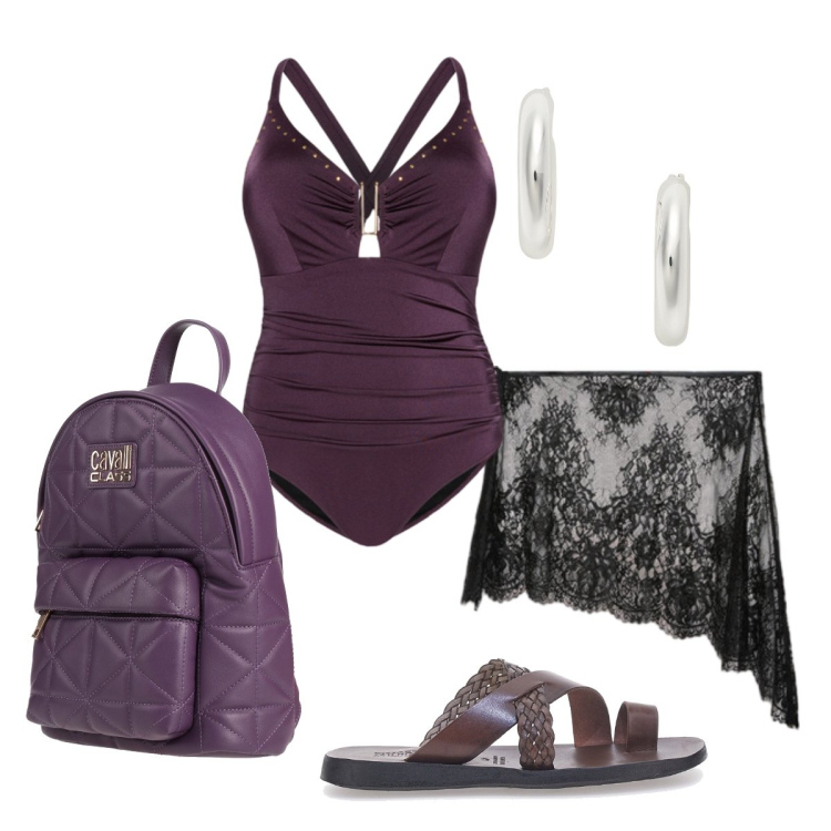 Outfit donna - Il pareo in pizzo nero. Stile Glamour per Mare. Abbinamento con zaini, costumi interi, vestiti da spiaggia, orecchini, ciabatte.