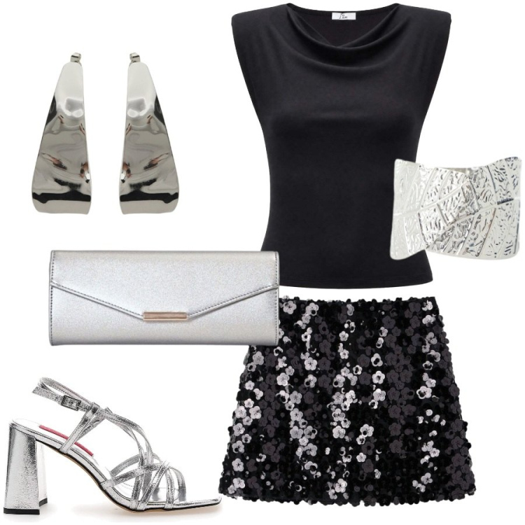 Outfit donna - Summer dance. Stile Rock per Serata fuori. Abbinamento con minigonne, top, braccialetti, orecchini, clutch, sandali col tacco.