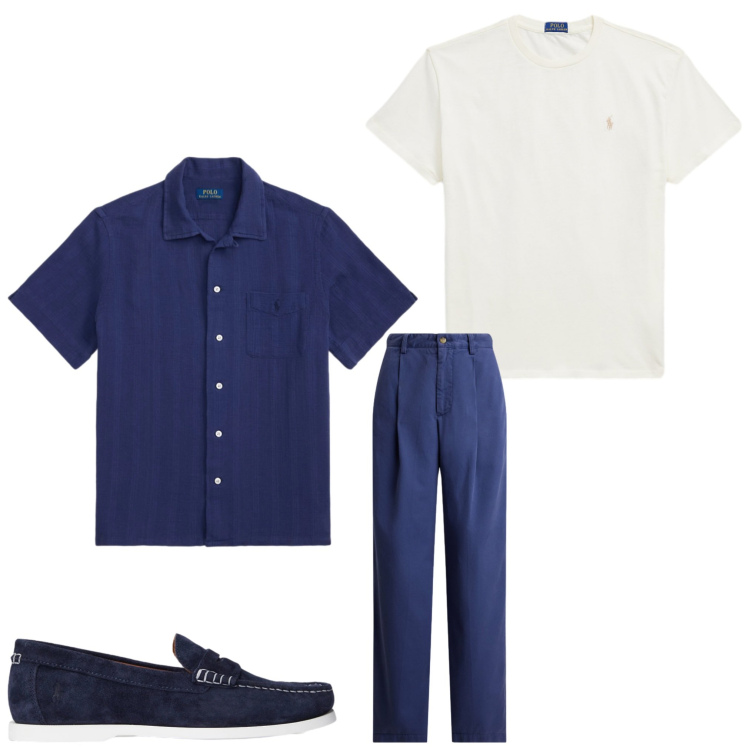 Outfit uomo - Come il mare. Stile Casual per Serata speciale. Abbinamento con pantaloni, scarpe stringate, camicie a manica corta, t-shirt.
