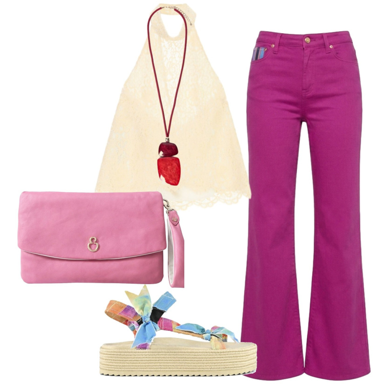 Outfit donna - Tramonto e sabbia. Stile Casual per Tutti i giorni. Abbinamento con pantaloni, top, ciondoli, pochette, sandali.