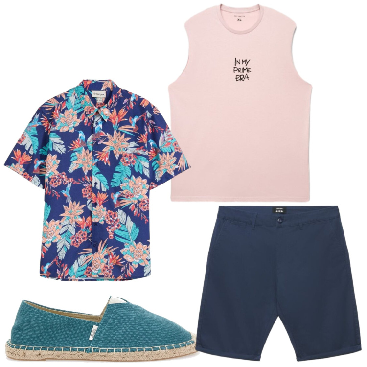 Outfit uomo - Mood vacanza. Stile Casual per Tutti i giorni. Abbinamento con camicie a manica corta, pantaloni corti, canottiere, espadrillas.